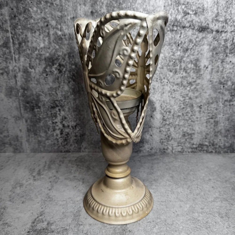 Cream Metal Butterfly Pillar Candle Holder Pedestal Distressed Shabby Chic
